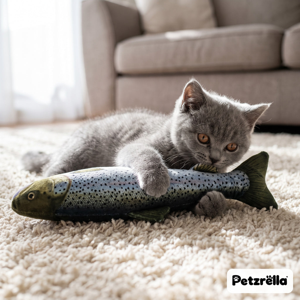 Grey kitten playing with the Petzrella trout flopping fish toy on a cream rug
