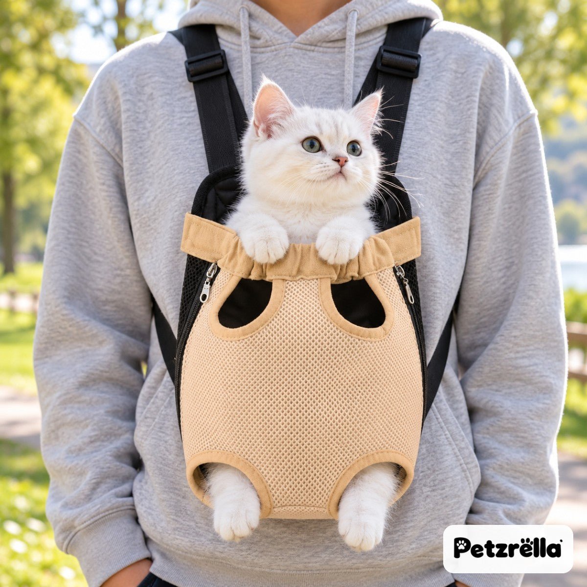 White cat in the beige Petzrella front pet carrier, legs out, worn on the chest in a park