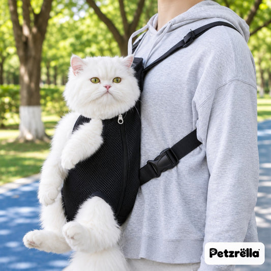 Fluffy white cat in the black Petzrella front pet carrier backpack, worn hands-free in a sunny park