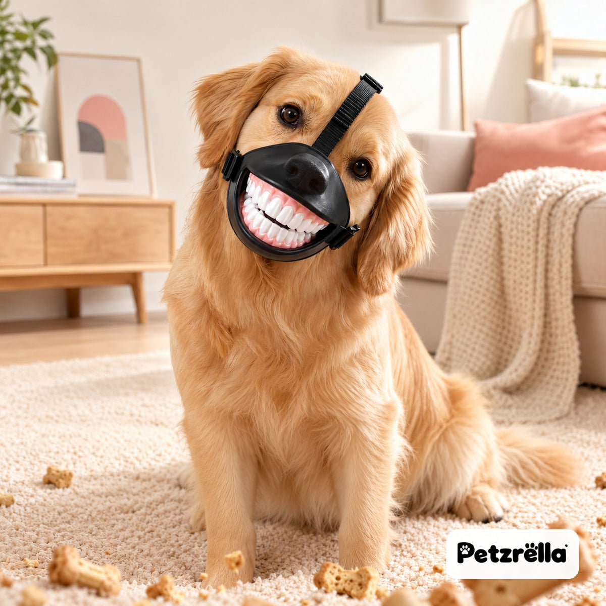 Golden Retriever wearing the Petzrella funny grinning dog mask with white teeth