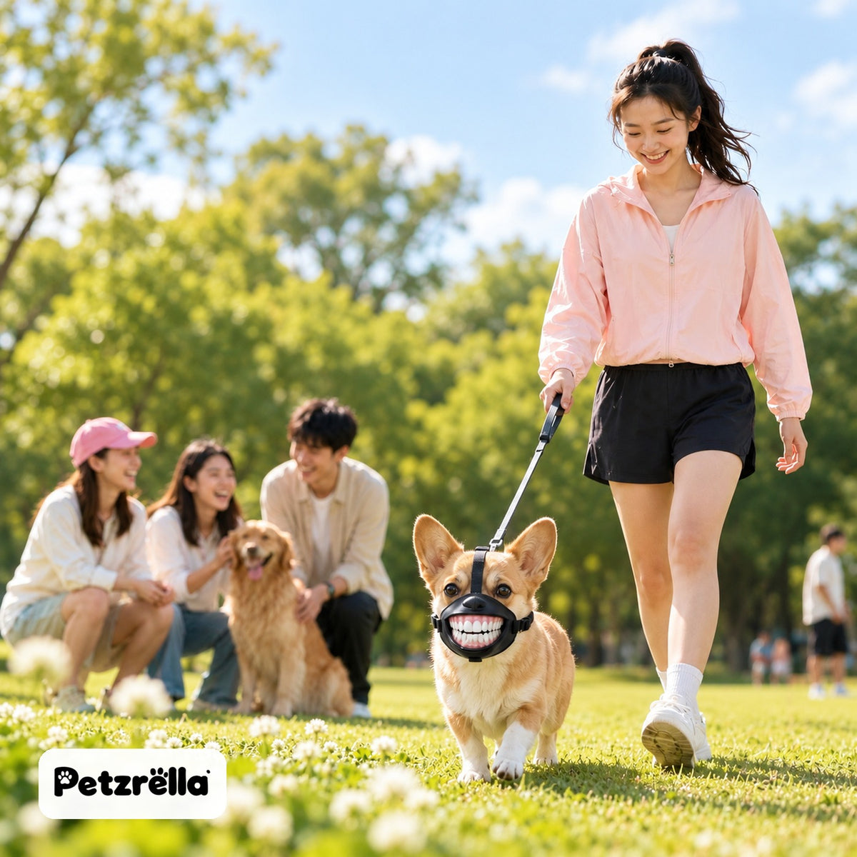 Corgi walking in the park wearing the Petzrella grinning teeth mask
