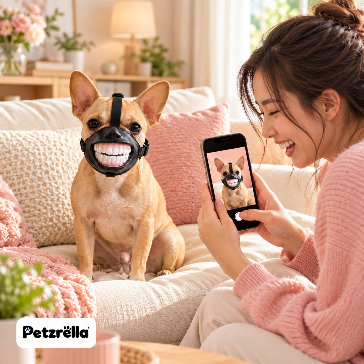 French Bulldog in the Petzrella grinning dog mask while its owner takes a photo