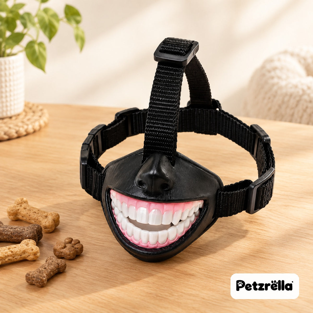 Petzrella grinning dog mask with adjustable black strap, product photo