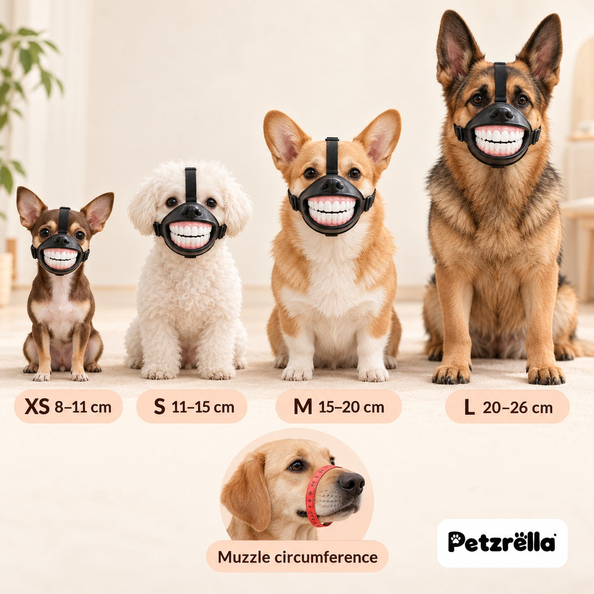 Petzrella grinning dog mask size guide XS to L by muzzle circumference