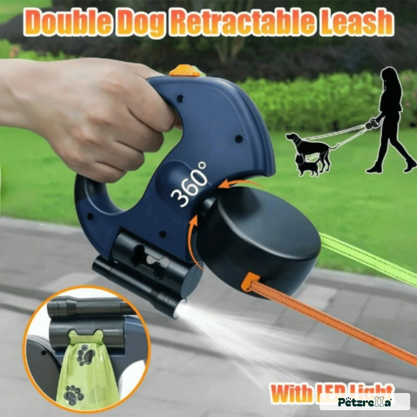 Petzrella Auto-Retractable Double Dog Leash 3M LED