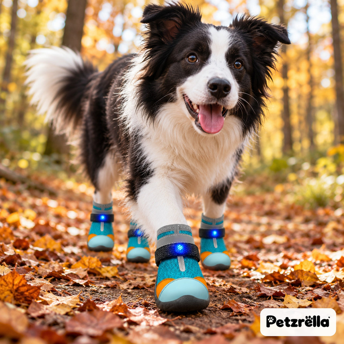 Petzrella LED Light-Up Dog Boots – border collie wearing teal LED boots on an autumn forest path