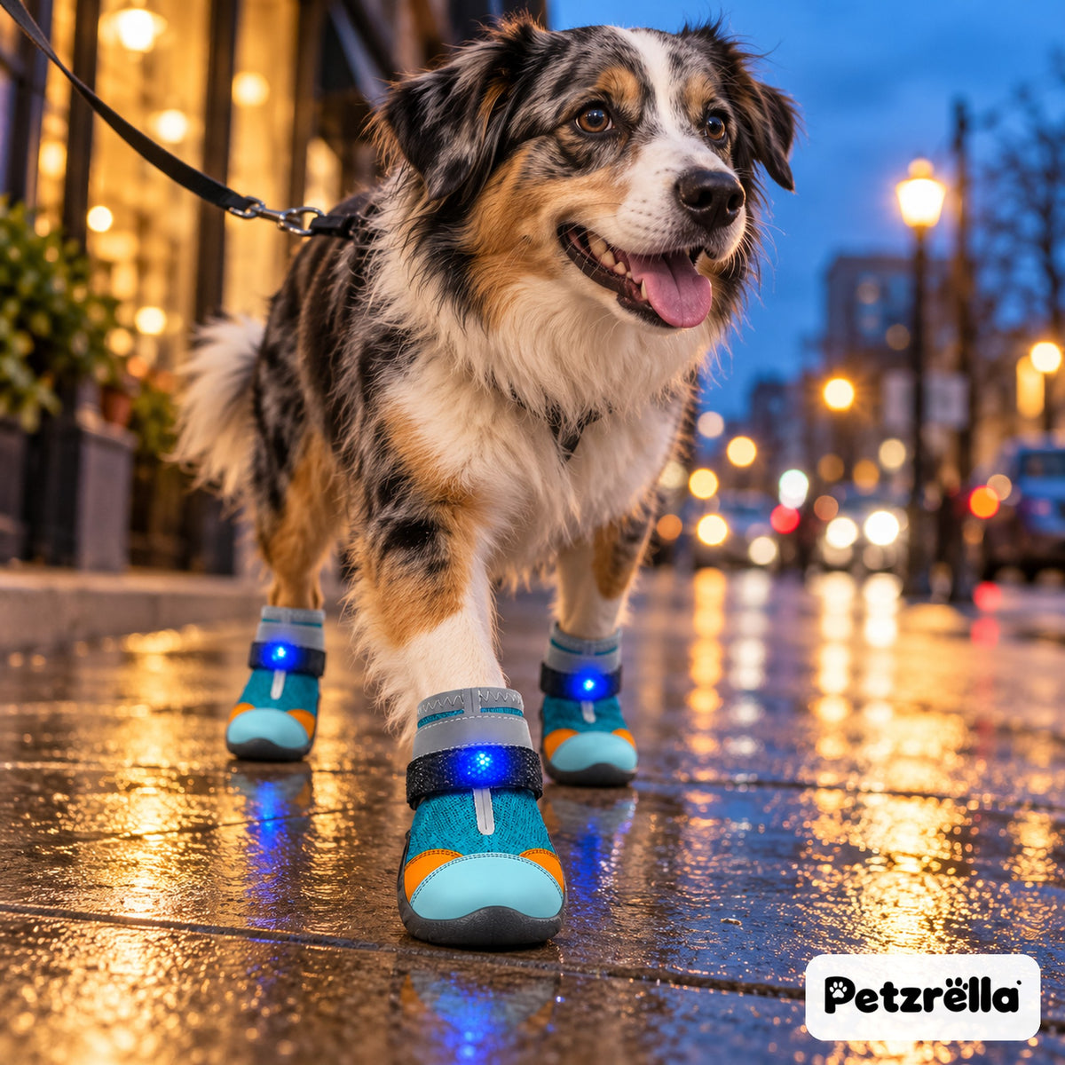 Petzrella LED Light-Up Dog Boots – Australian shepherd wearing glowing LED boots on a rainy city street at night