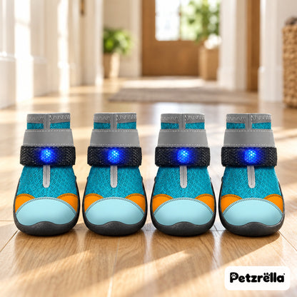 Petzrella LED Light-Up Dog Boots – set of 4 teal boots with blue LED light and reflective strap