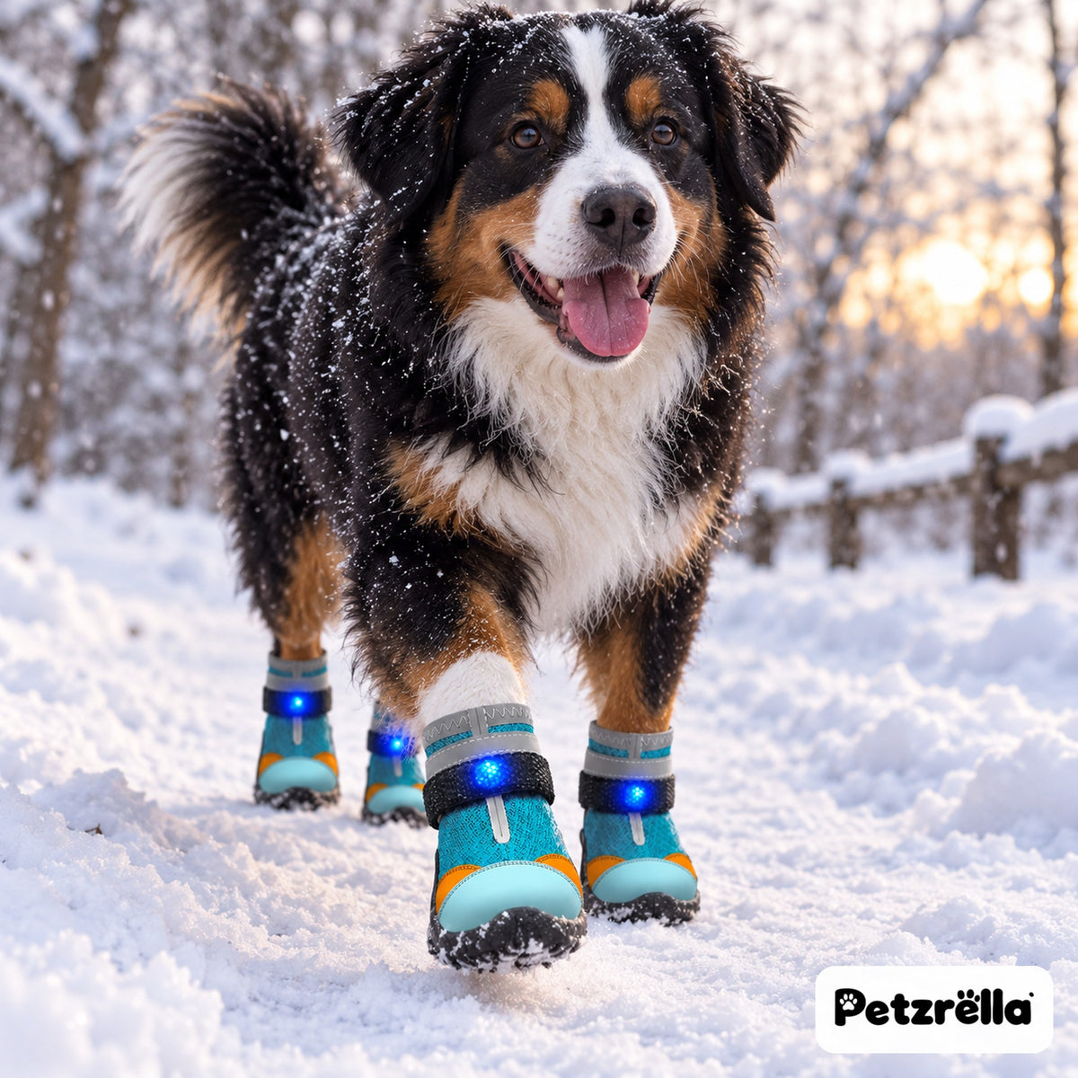 Petzrella LED Light-Up Dog Boots – Bernese mountain dog walking in snow wearing teal LED boots