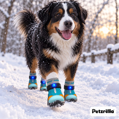 Petzrella LED Light-Up Dog Boots – Bernese mountain dog walking in snow wearing teal LED boots