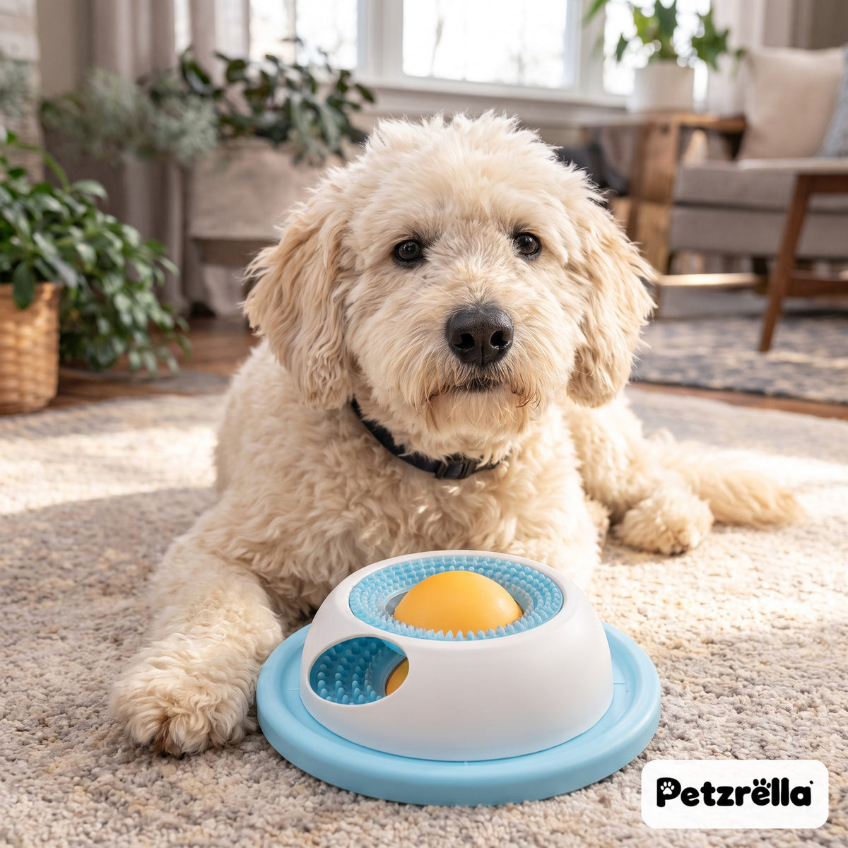 Petzrella blue lick soothing bowl with nubby ring in front of a doodle dog on a rug