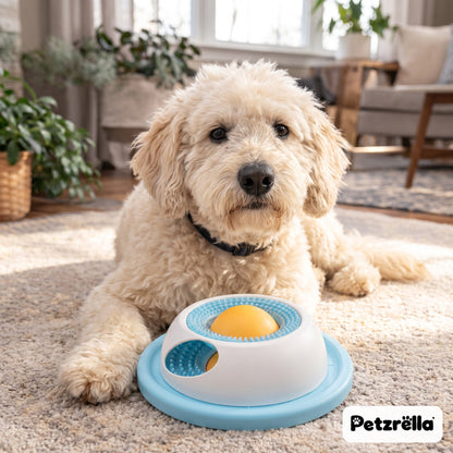 Petzrella blue lick soothing bowl with nubby ring in front of a doodle dog on a rug