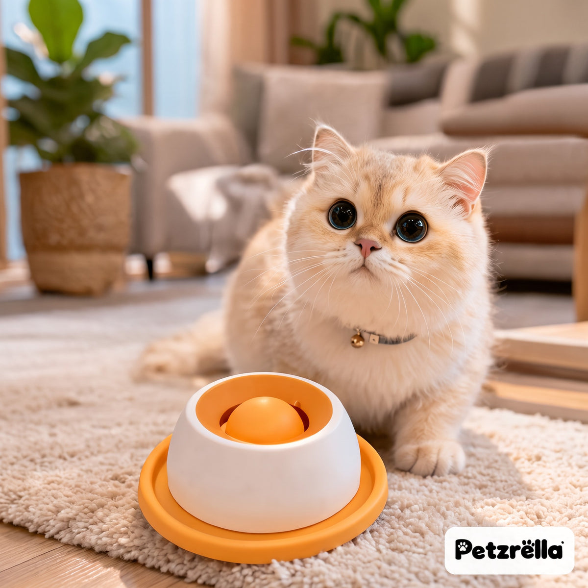 Petzrella orange lick soothing bowl in front of a cream kitten on a living room rug
