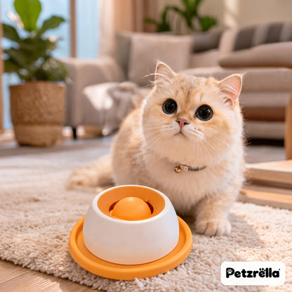 Petzrella orange lick soothing bowl in front of a cream kitten on a living room rug