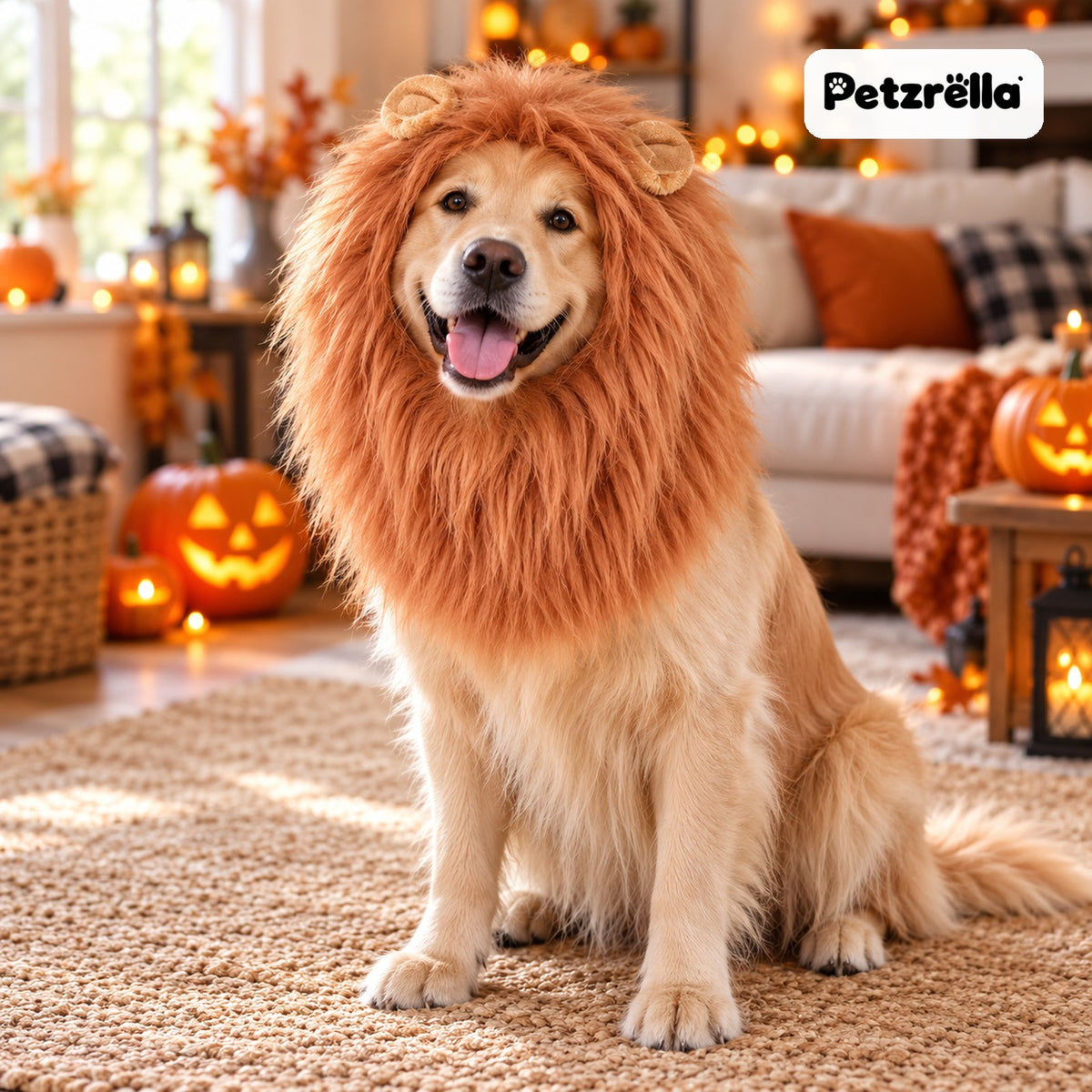 Dog wearing the Petzrella lion mane costume in a Halloween living room