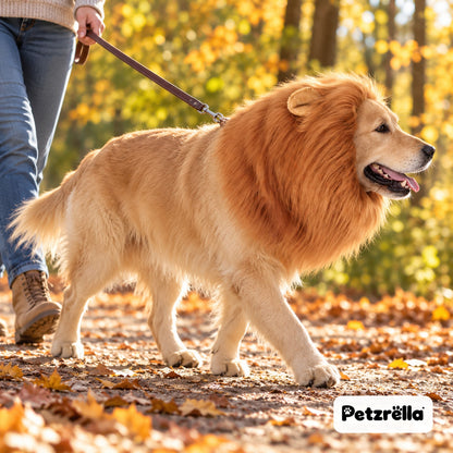 Golden Retriever walking on a leash wearing the Petzrella lion mane