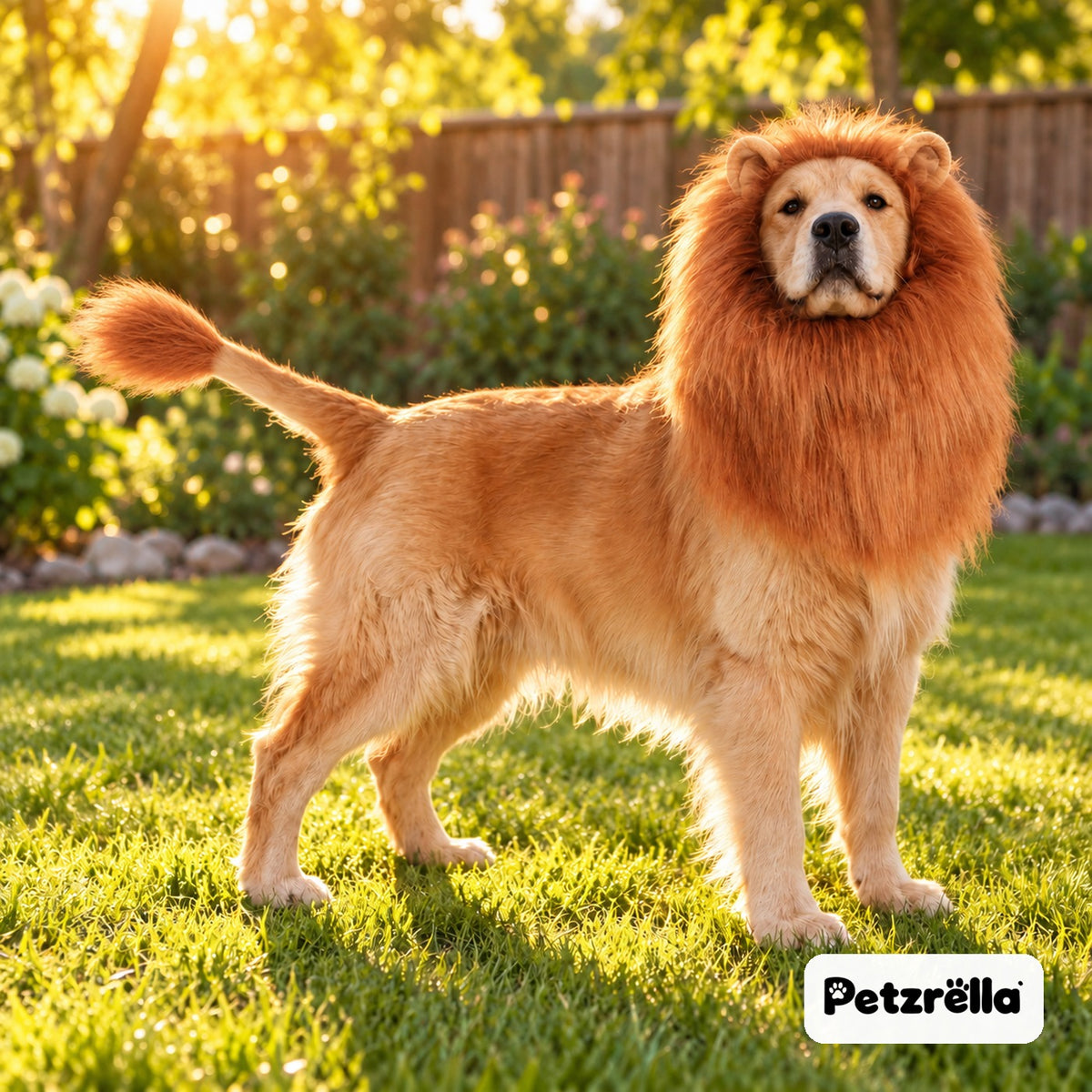 Petzrella lion mane with matching lion tail on a Golden Retriever in the garden