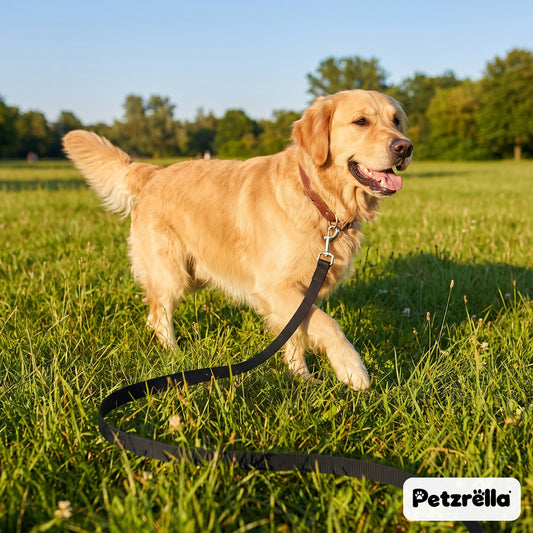 Golden retriever on the black Petzrella long training leash in a sunny park meadow