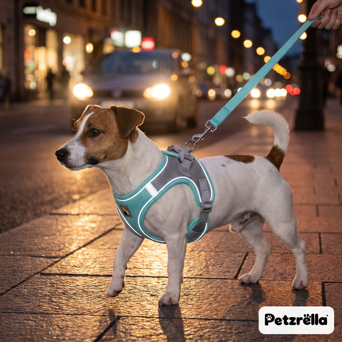 Petzrella reflective padded harness and leash on a Jack Russell during a night city walk