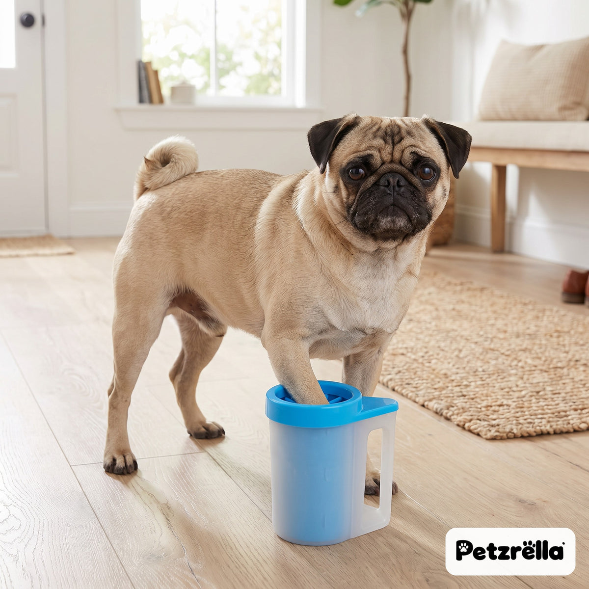 Petzrella blue portable paw cleaner cup with a pug cleaning its paw in a bright entryway