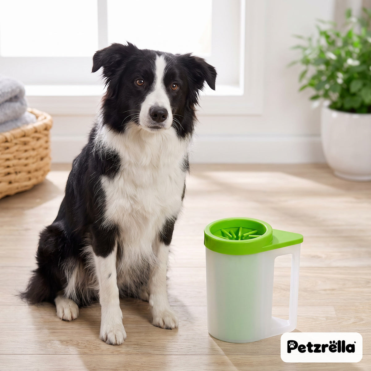 Petzrella green portable paw cleaner cup next to a border collie on a wooden floor
