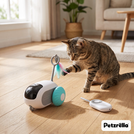Petzrella remote control cat car in blue with remote and a tabby cat on a wooden floor