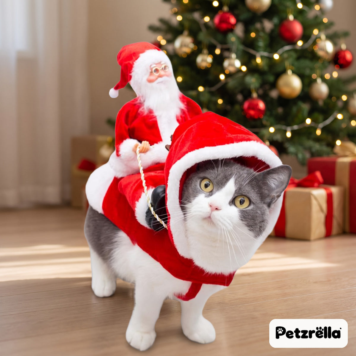 Cat wearing the Petzrella riding Santa costume in a Christmas living room