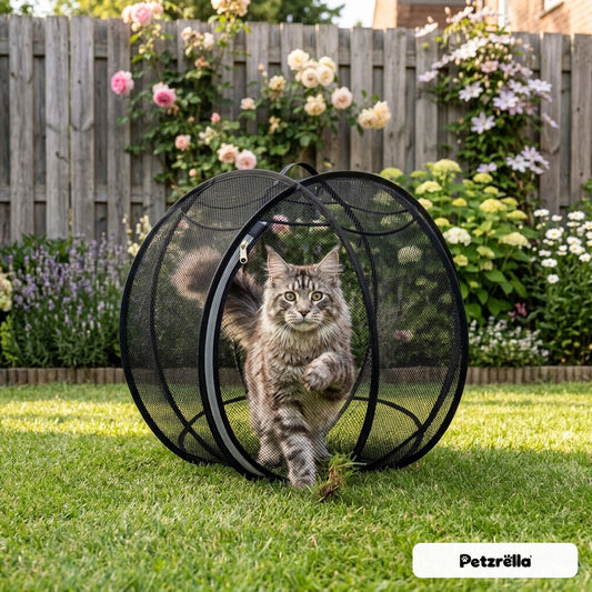 Petzrella Rolling Cat Ball in black with a Maine Coon cat walking inside on a garden lawn
