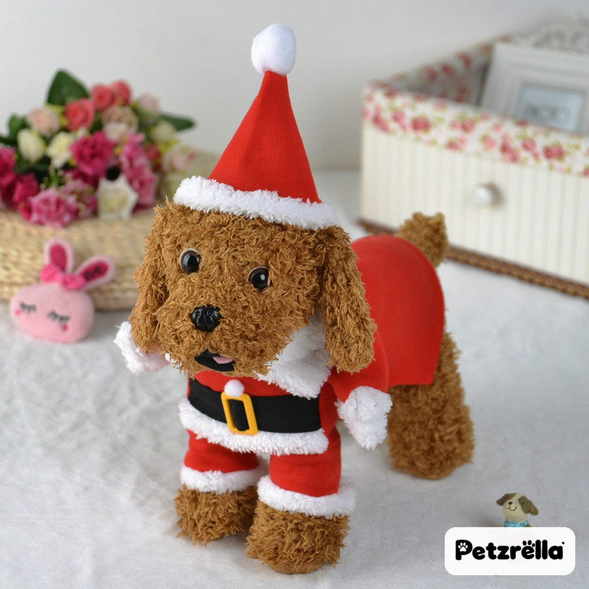 Brown dog wearing the Petzrella Santa Claus costume