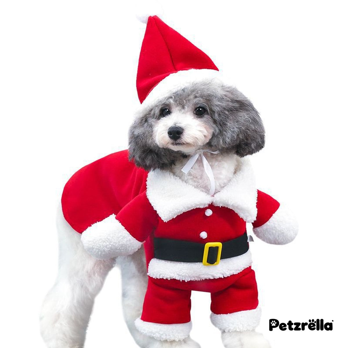 Petzrella Santa Claus pet costume, red standing Santa outfit, front view