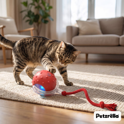 Tabby cat playing with the Petzrella bird song rolling cat ball with red rope on a living room rug