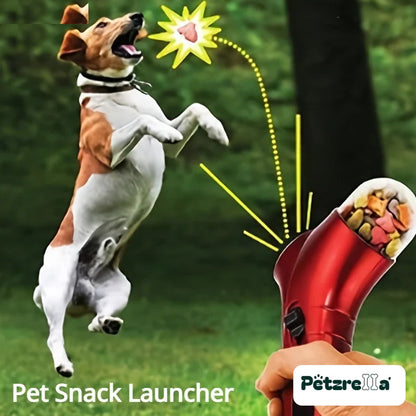 Dog catching a treat shot from the Petzrella treat launcher
