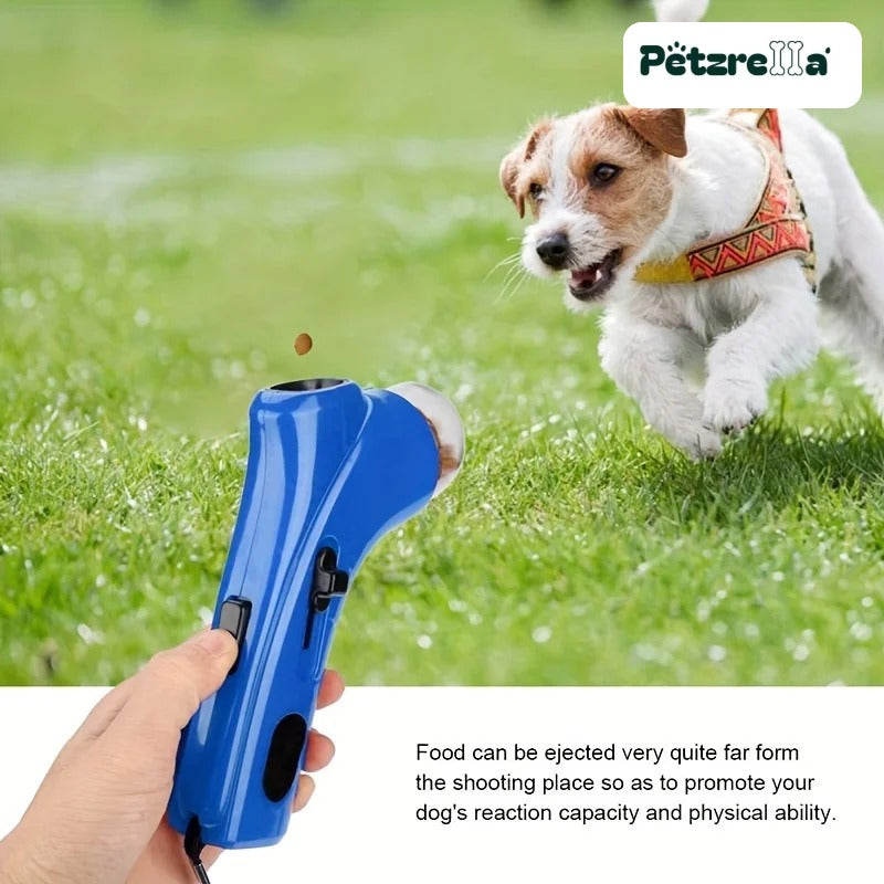 Petzrella treat launcher in use outdoors with a running dog