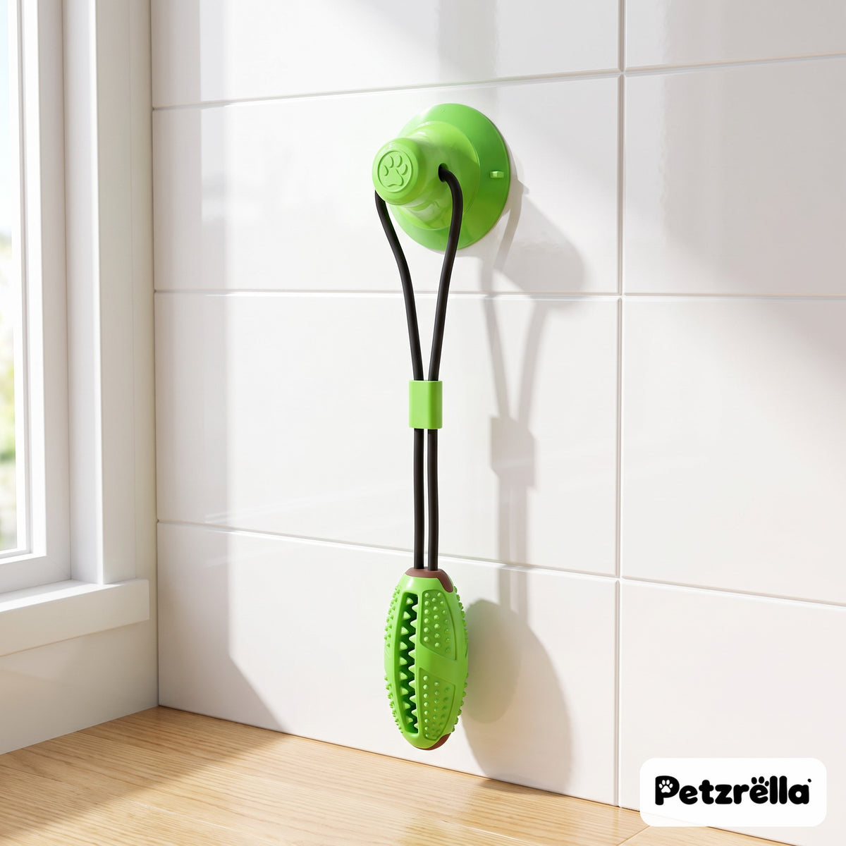 Petzrella suction tug toy in fruit green with chew stick stuck to a kitchen tile wall