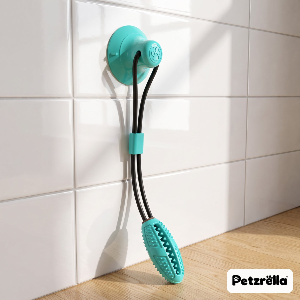 Petzrella suction tug toy in lake blue with chew stick stuck to a kitchen tile wall