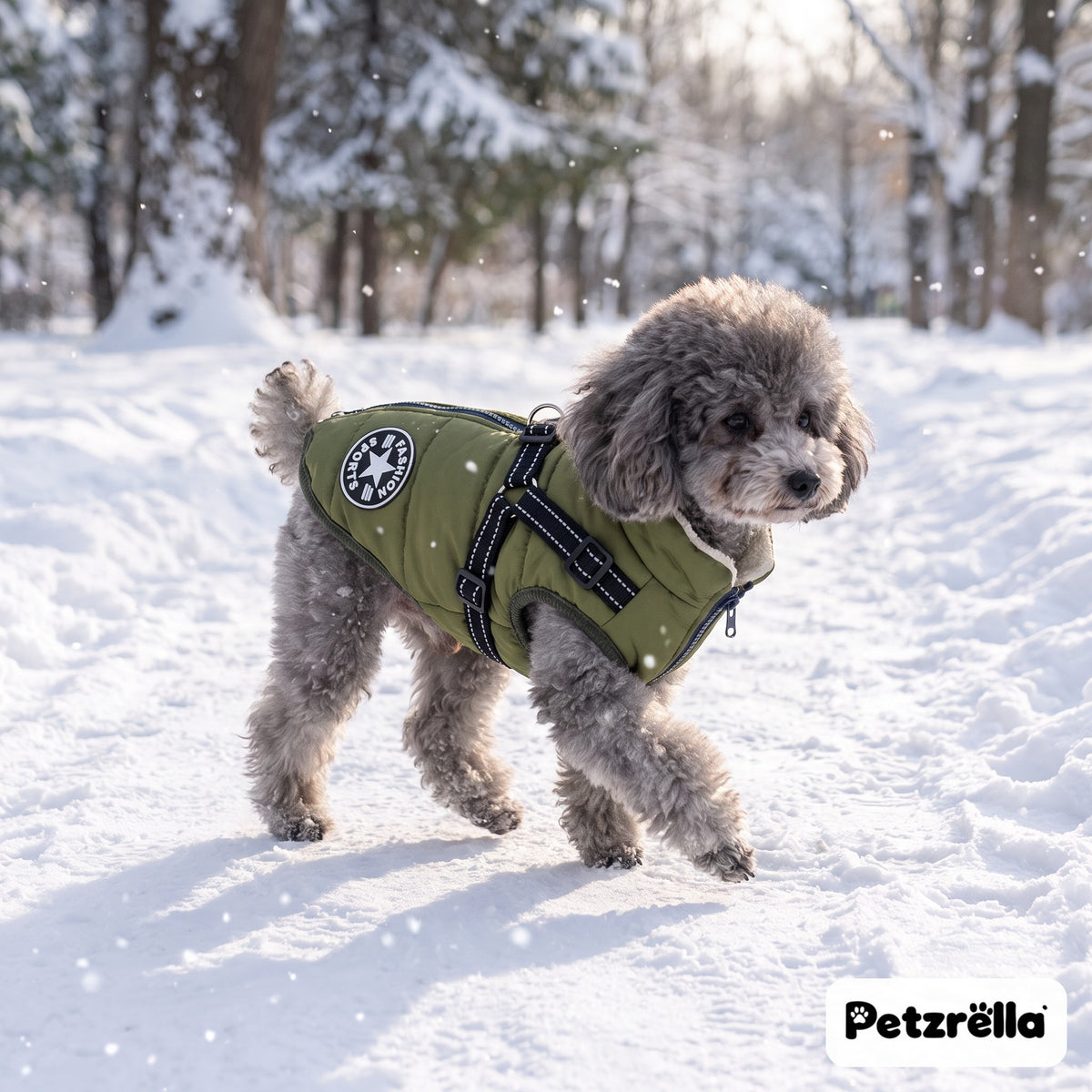 Grey poodle wearing the Petzrella olive green winter dog jacket with harness on a snowy park path