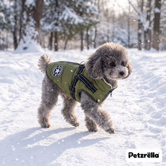 Grey poodle wearing the Petzrella olive green winter dog jacket with harness on a snowy park path