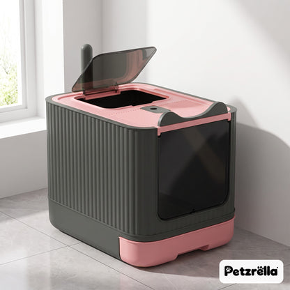 Petzrella XL enclosed cat litter box in grey and pink in a bright modern bathroom