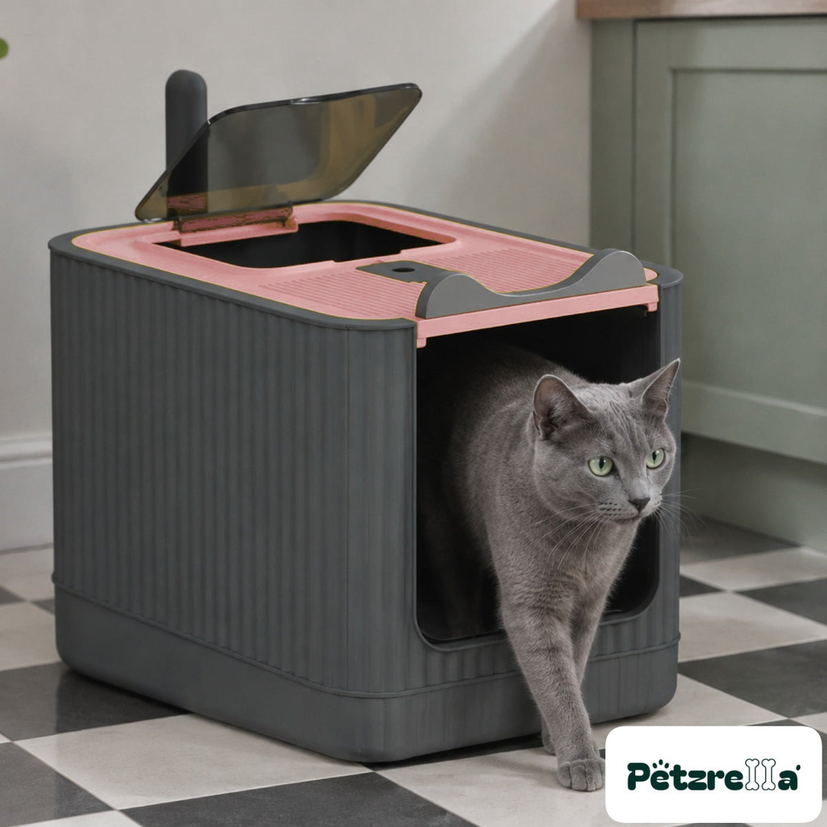 Petzrella XL Enclosed Cat Litter Box in pink with cat