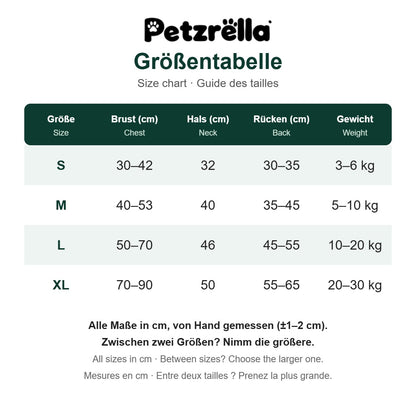 Petzrella Dog Recovery Suit size chart in cm