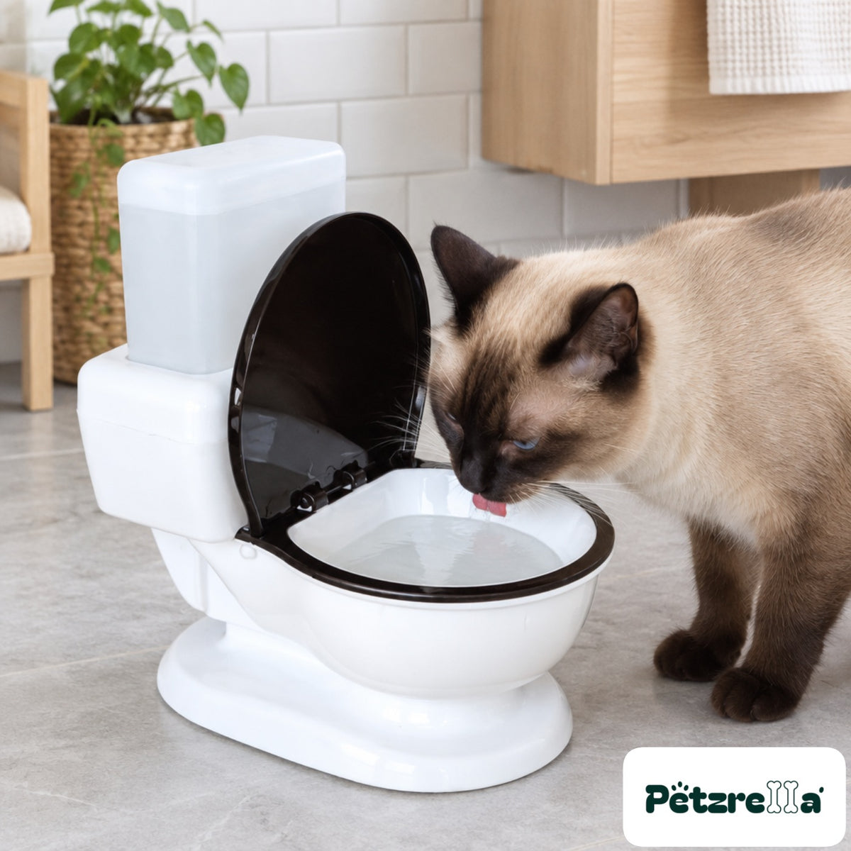 Siamese cat drinking from the Petzrella Royal Refresh cat water dispenser