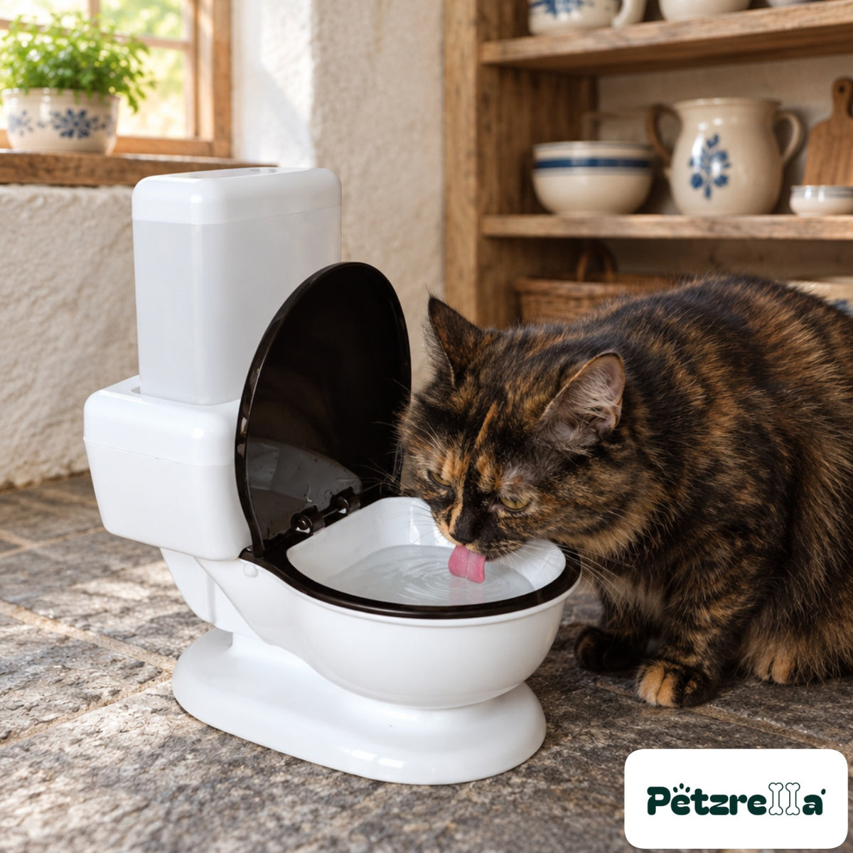 Tortoiseshell cat drinking from the Petzrella Royal Refresh cat water dispenser