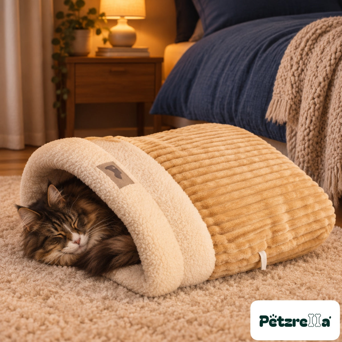 Maine Coon cat asleep in the Petzrella plush heated cat bed