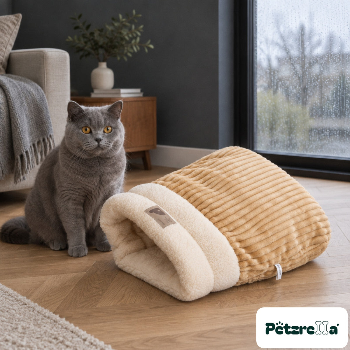 British Shorthair cat beside the Petzrella plush heated cat bed