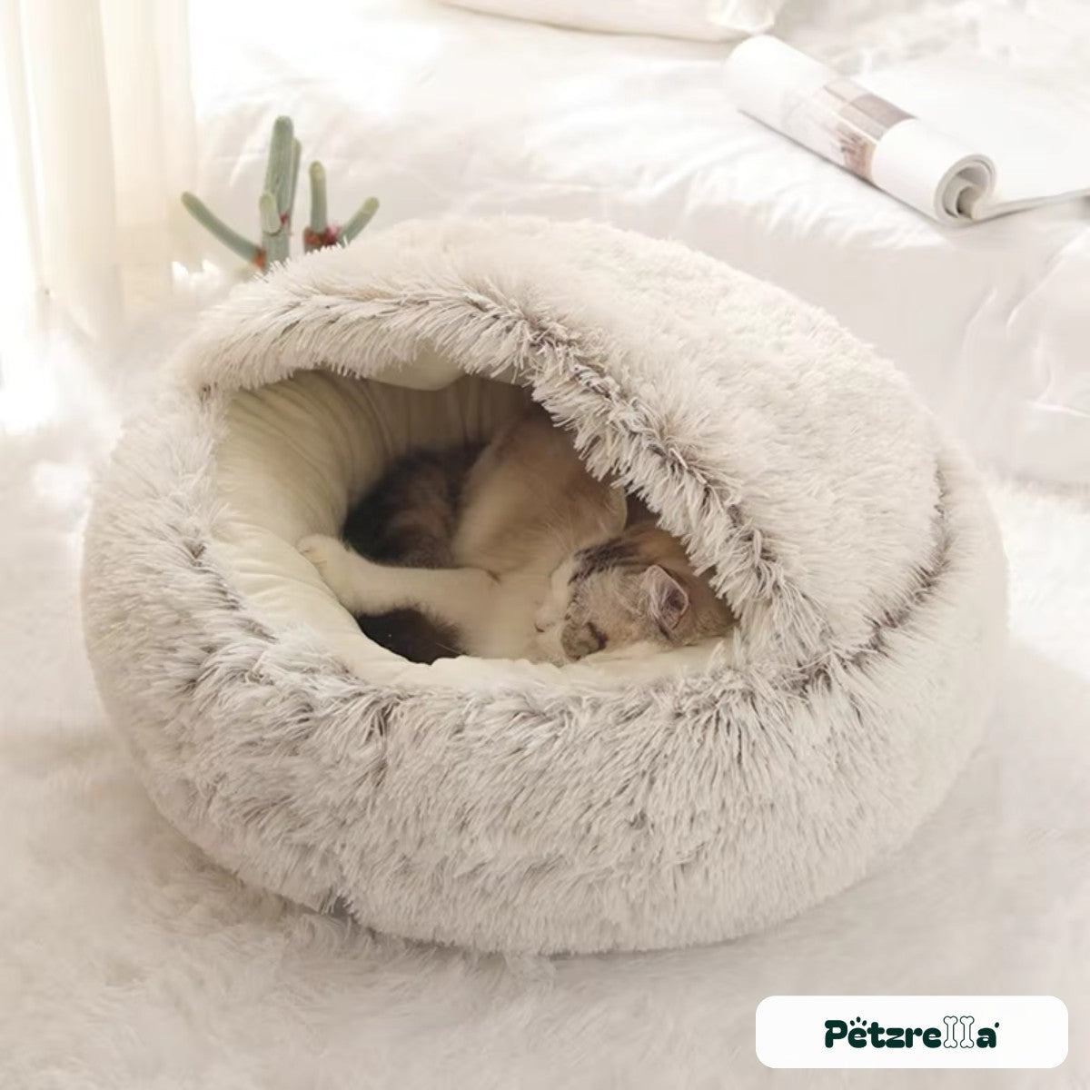 Petzrella Hooded Plush Cat Bed – cat inside