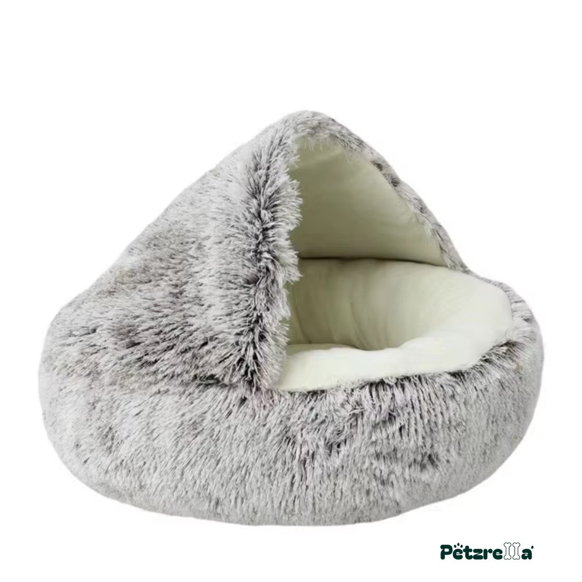 Petzrella Hooded Plush Cat Bed – Light Grey