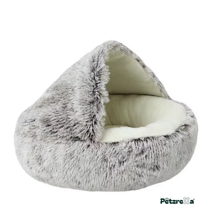 Petzrella Hooded Plush Cat Bed – Light Grey