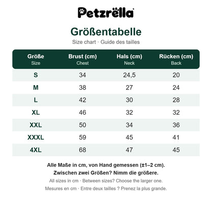 Petzrella Winter Dog Jacket size chart in cm
