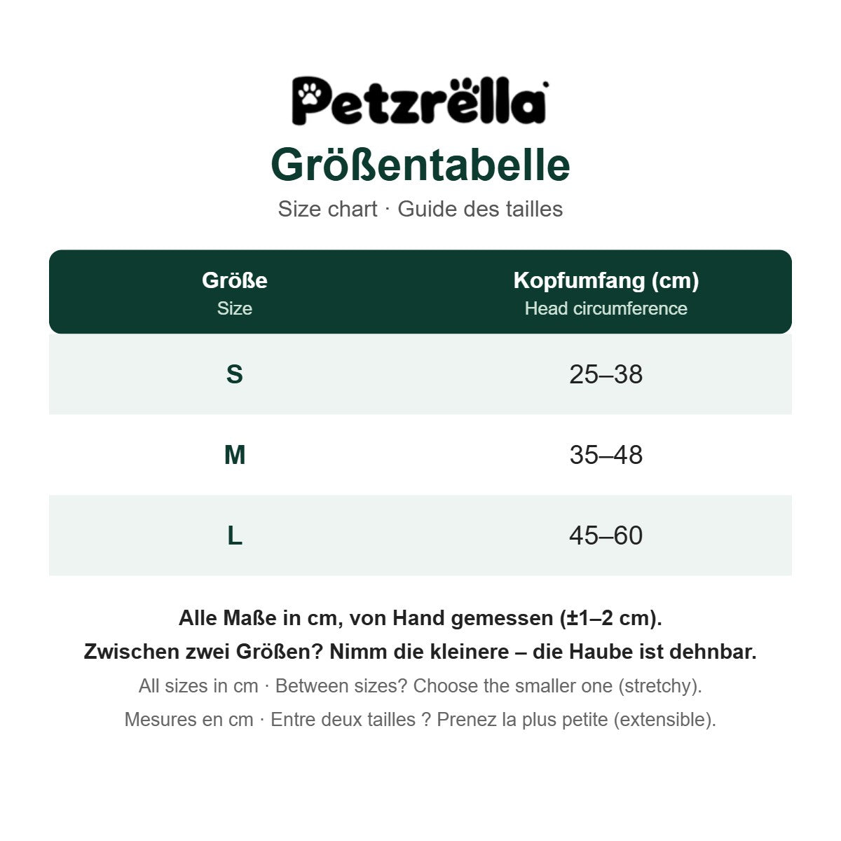 Petzrella Dog Ear Muffs size chart in cm