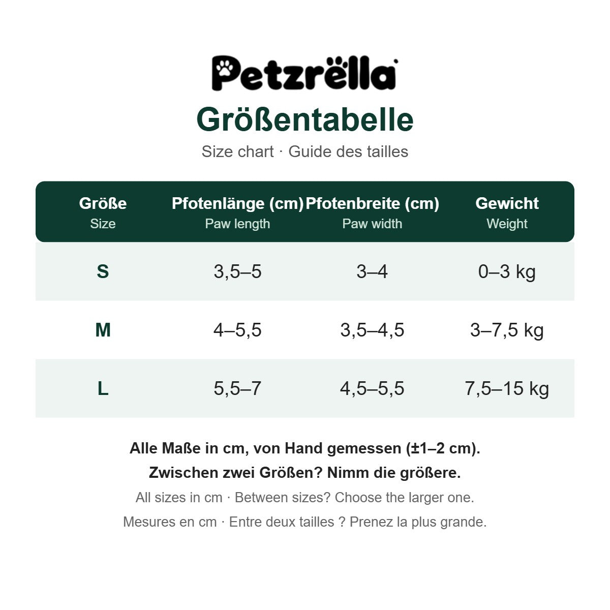 Petzrella Rubber Dog Boots size chart in cm